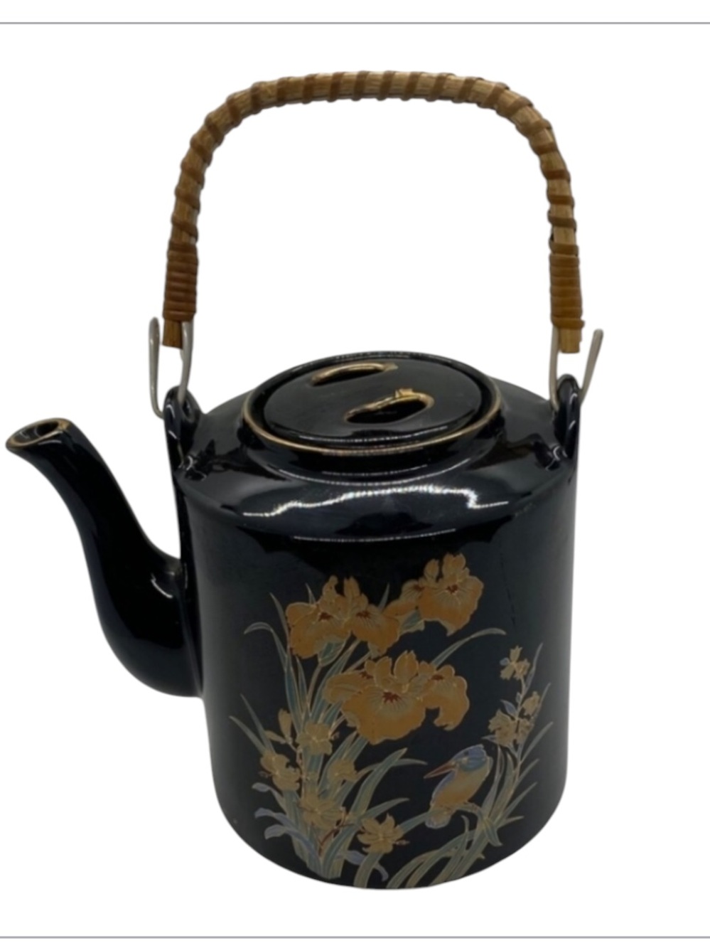 Vintage Black Teapot w/Wicker Handle -Made in Japan